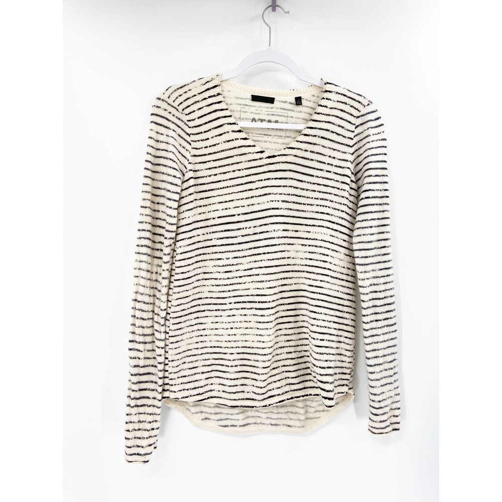 ATM Anthony Thomas Melillo Cream Black Striped V-Neck Knitâ Sweater Sz S